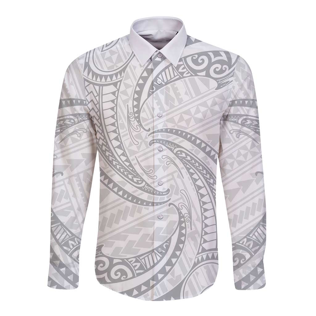White Sunday Lotu Tamaiti Long Sleeve Button Shirt Polynesian Wave Pastel Gray - Polynesian Pride
