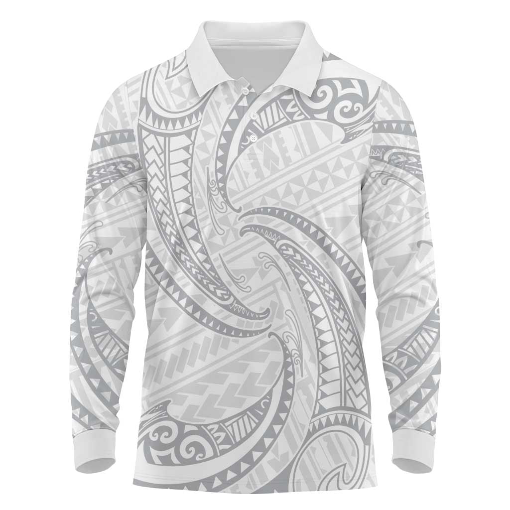 White Sunday Lotu Tamaiti Long Sleeve Polo Shirt Polynesian Wave Pastel Gray - Polynesian Pride