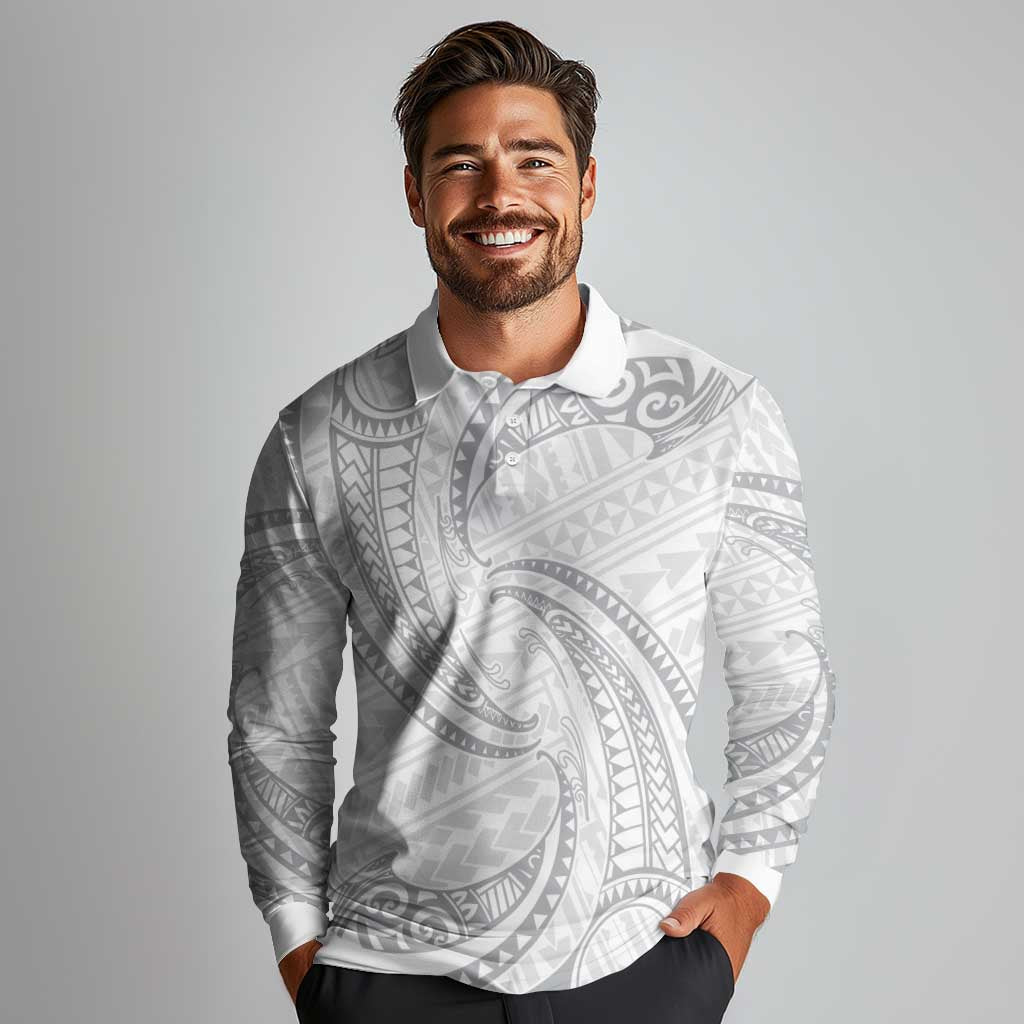 White Sunday Lotu Tamaiti Long Sleeve Polo Shirt Polynesian Wave Pastel Gray - Polynesian Pride