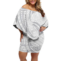 White Sunday Lotu Tamaiti Off Shoulder Short Dress Polynesian Wave Pastel Gray - Polynesian Pride