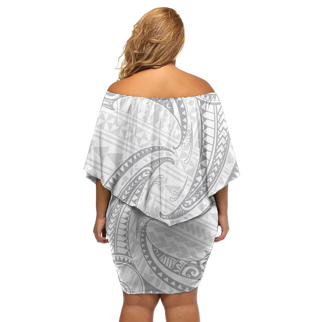 White Sunday Lotu Tamaiti Off Shoulder Short Dress Polynesian Wave Pastel Gray - Polynesian Pride