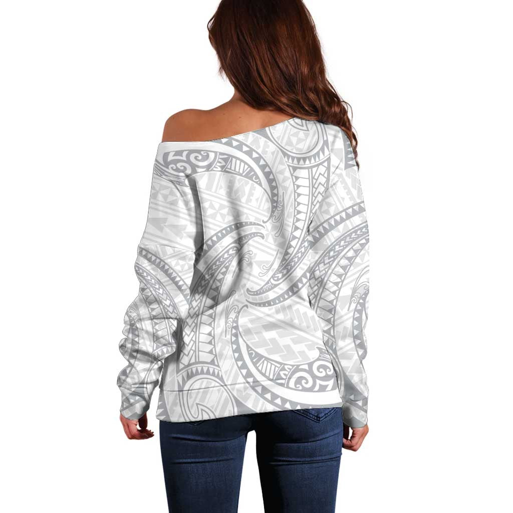 White Sunday Lotu Tamaiti Off Shoulder Sweater Polynesian Wave Pastel Gray - Polynesian Pride