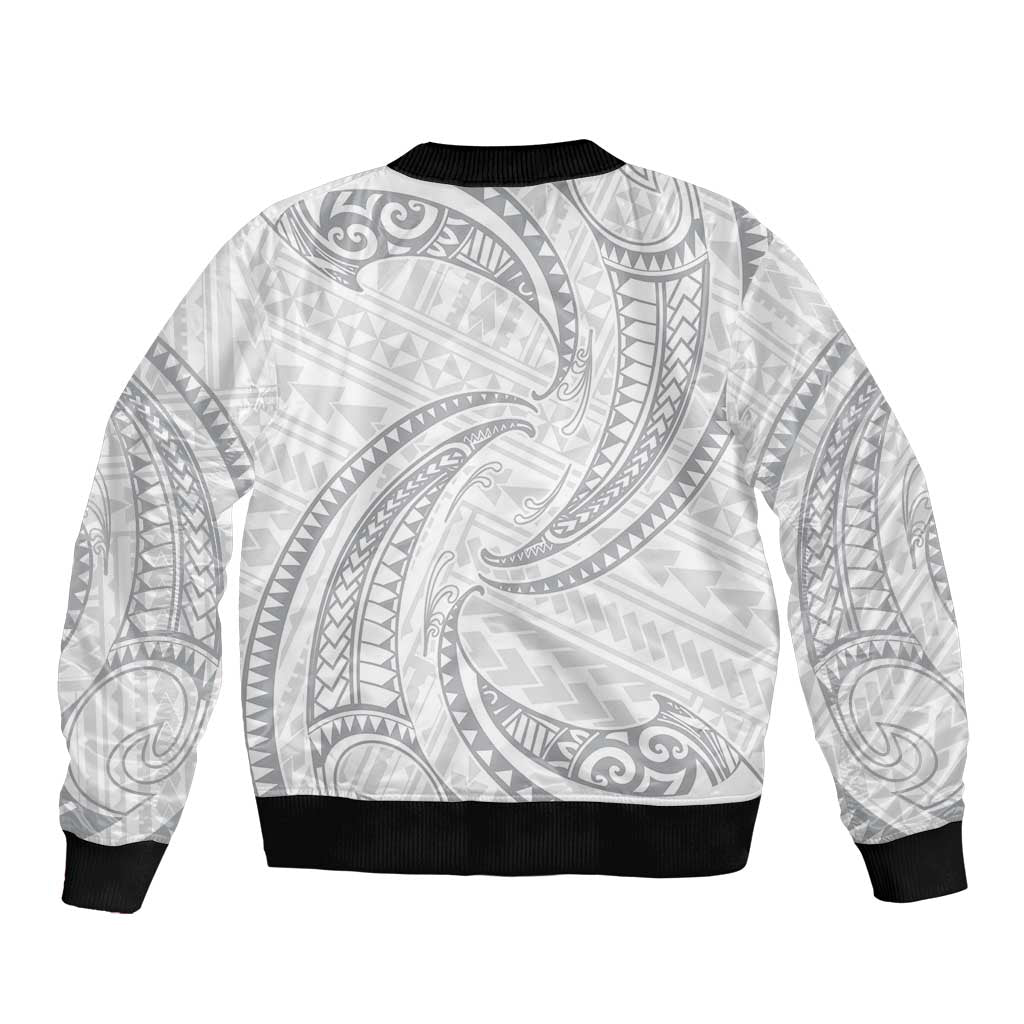 White Sunday Lotu Tamaiti Sleeve Zip Bomber Jacket Polynesian Wave Pastel Gray - Polynesian Pride