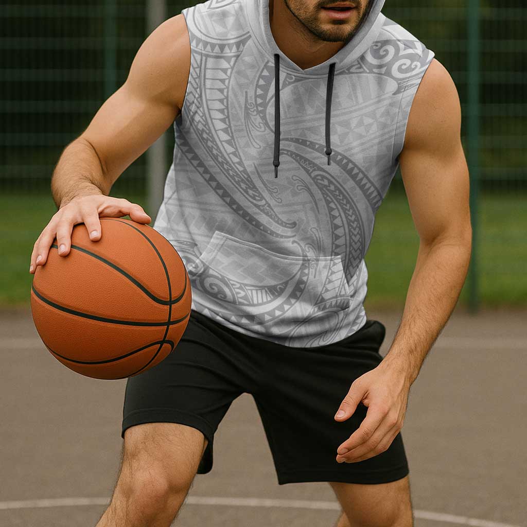 White Sunday Lotu Tamaiti Sleeveless Hoodie Polynesian Wave Pastel Gray - Polynesian Pride