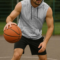White Sunday Lotu Tamaiti Sleeveless Hoodie Polynesian Wave Pastel Gray - Polynesian Pride
