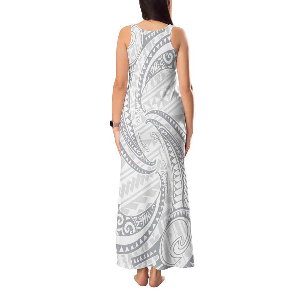 White Sunday Lotu Tamaiti Tank Maxi Dress Polynesian Wave Pastel Gray - Polynesian Pride