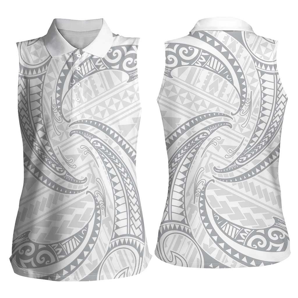 White Sunday Lotu Tamaiti Women Sleeveless Polo Shirt Polynesian Wave Pastel Gray - Polynesian Pride
