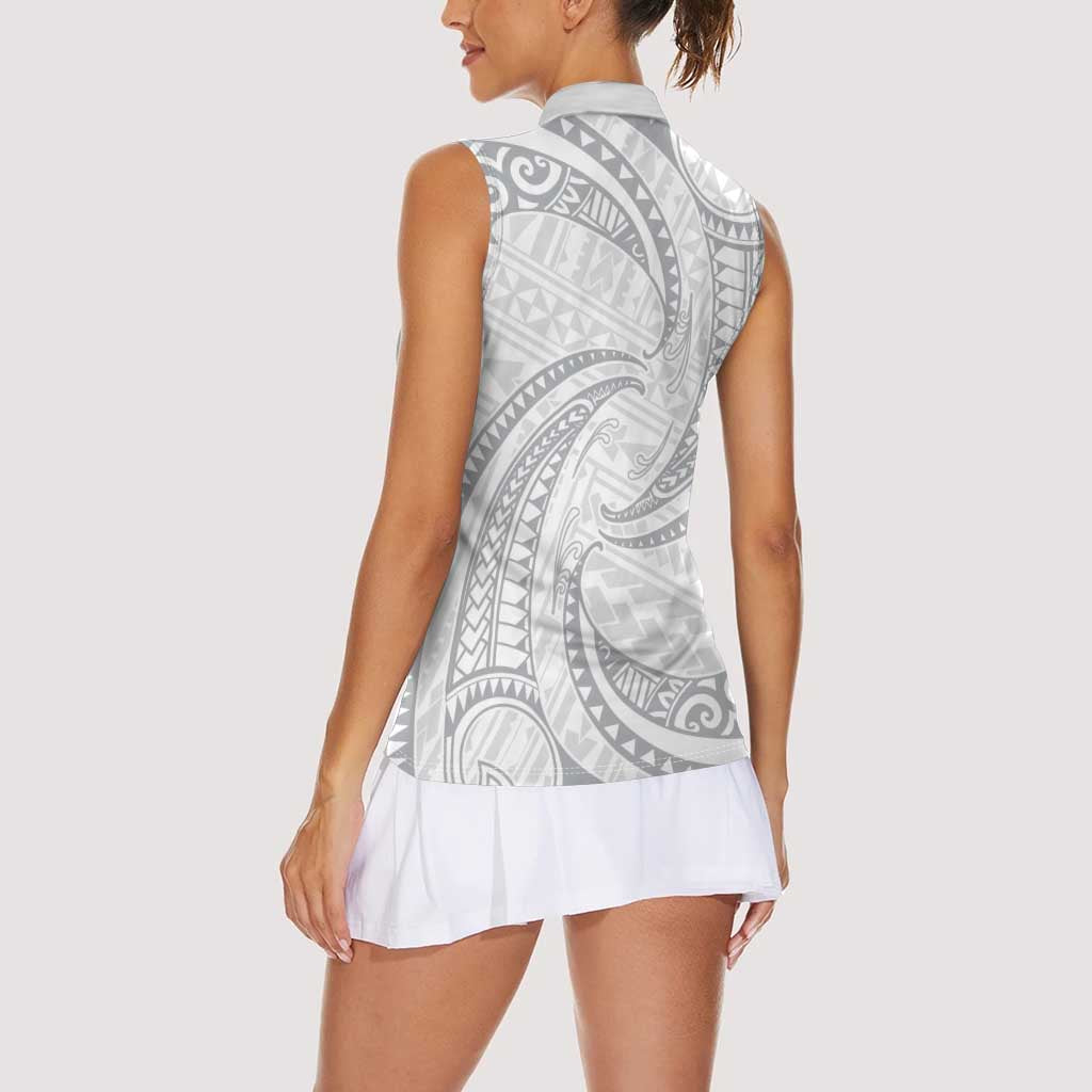 White Sunday Lotu Tamaiti Women Sleeveless Polo Shirt Polynesian Wave Pastel Gray - Polynesian Pride