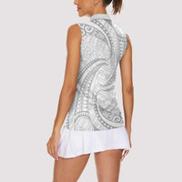 White Sunday Lotu Tamaiti Women Sleeveless Polo Shirt Polynesian Wave Pastel Gray - Polynesian Pride