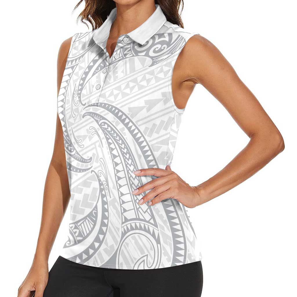 White Sunday Lotu Tamaiti Women Sleeveless Polo Shirt Polynesian Wave Pastel Gray - Polynesian Pride
