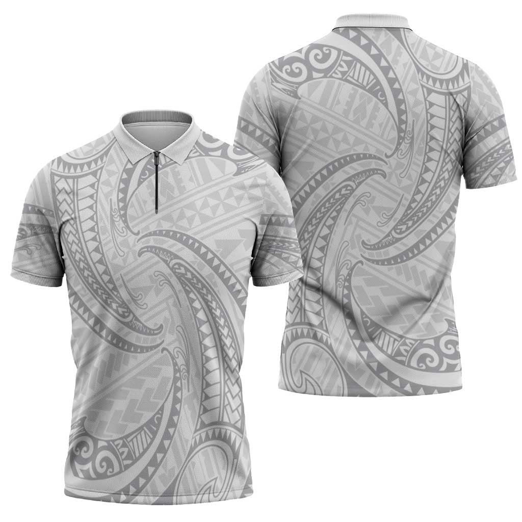 White Sunday Lotu Tamaiti Zipper Polo Shirt Polynesian Wave Pastel Gray - Polynesian Pride
