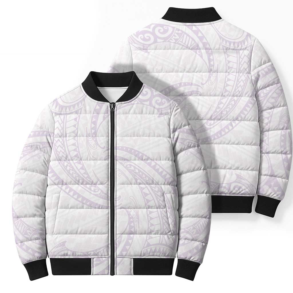 White Sunday Lotu Tamaiti Bomber Puffer Jacket Polynesian Wave Pastel Mauve - Polynesian Pride