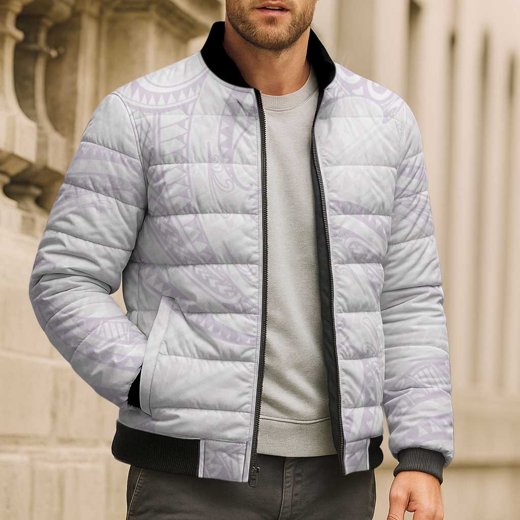 White Sunday Lotu Tamaiti Bomber Puffer Jacket Polynesian Wave Pastel Mauve - Polynesian Pride