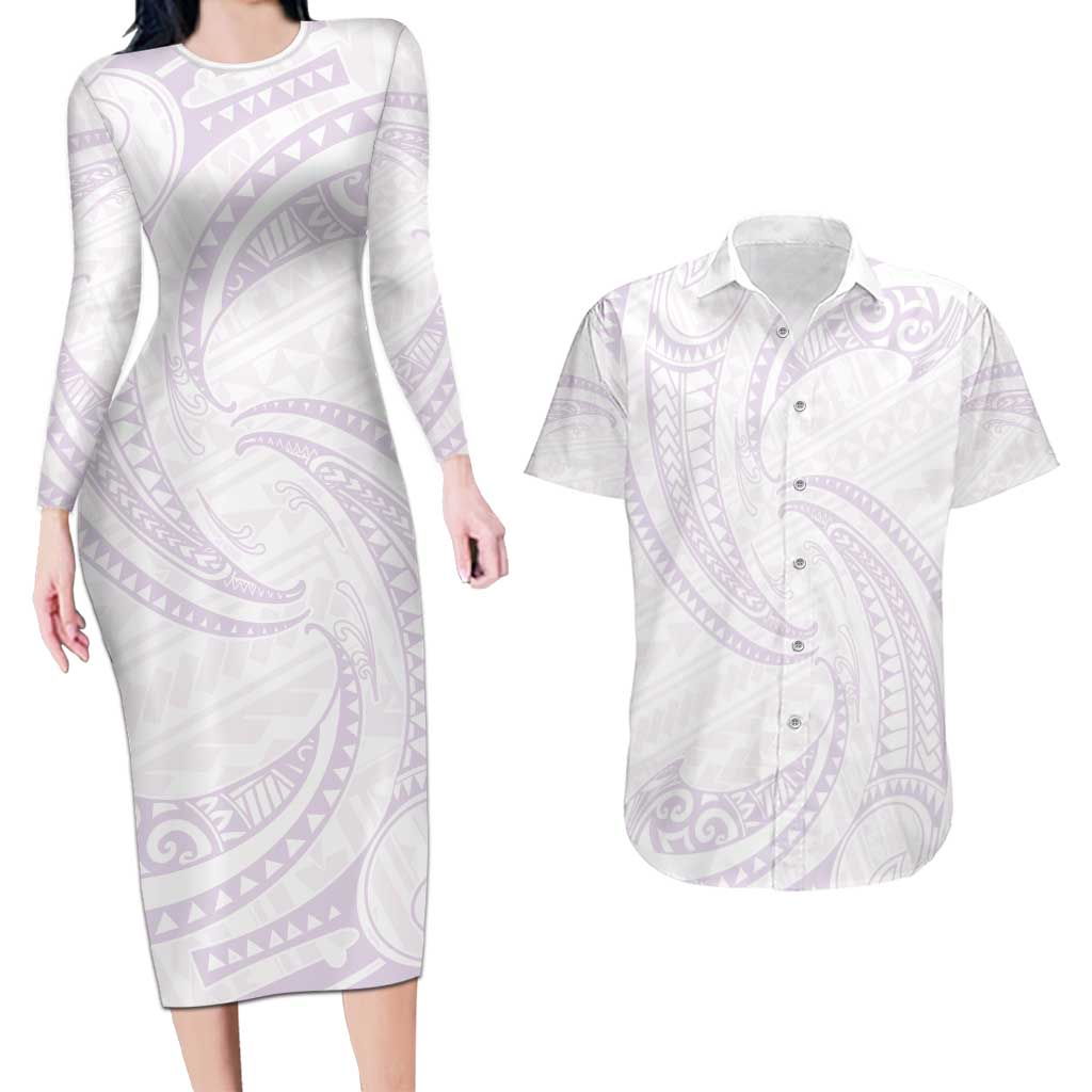White Sunday Lotu Tamaiti Couples Matching Long Sleeve Bodycon Dress and Hawaiian Shirt Polynesian Wave Pastel Mauve - Polynesian Pride