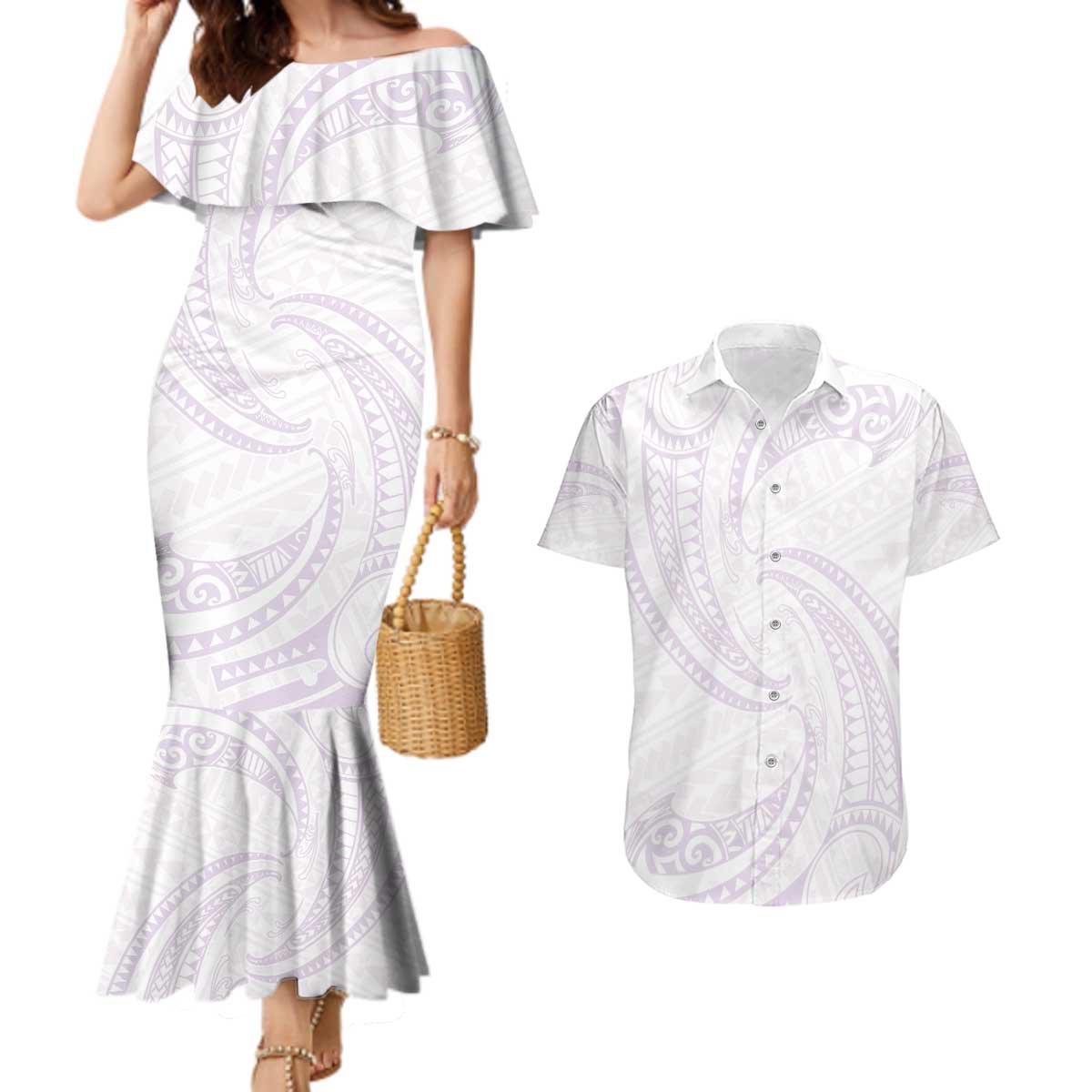 White Sunday Lotu Tamaiti Couples Matching Mermaid Dress and Hawaiian Shirt Polynesian Wave Pastel Mauve - Polynesian Pride
