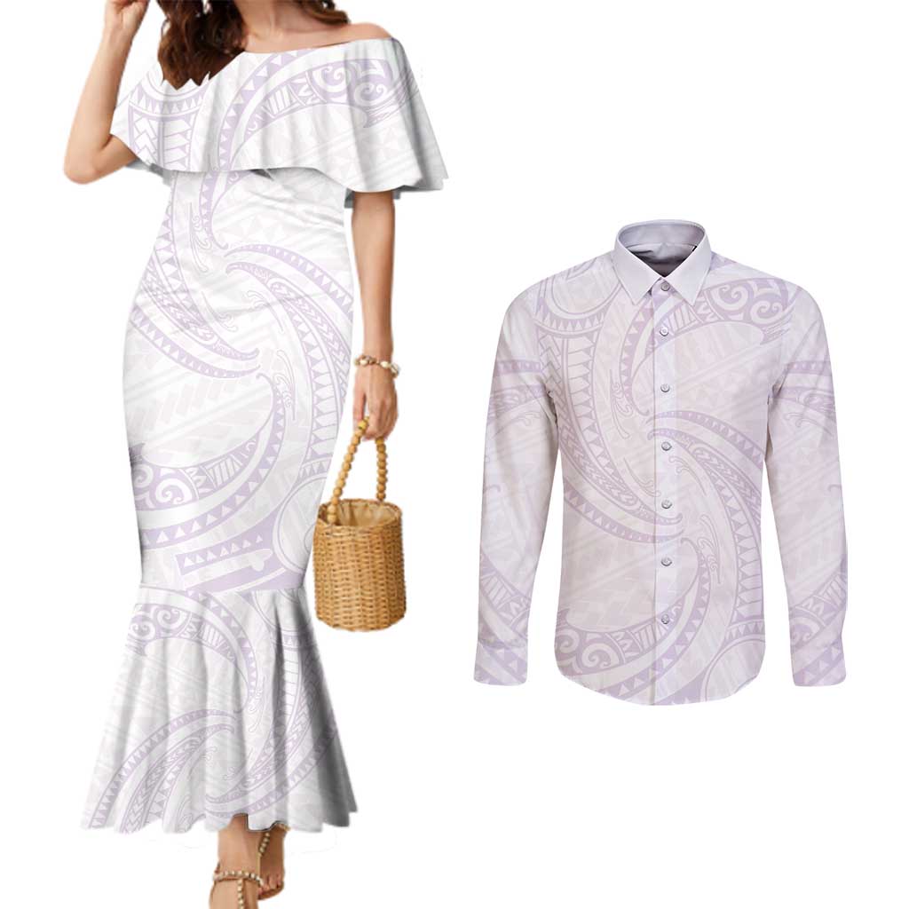 White Sunday Lotu Tamaiti Couples Matching Mermaid Dress and Long Sleeve Button Shirt Polynesian Wave Pastel Mauve - Polynesian Pride