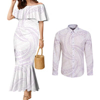 White Sunday Lotu Tamaiti Couples Matching Mermaid Dress and Long Sleeve Button Shirt Polynesian Wave Pastel Mauve - Polynesian Pride