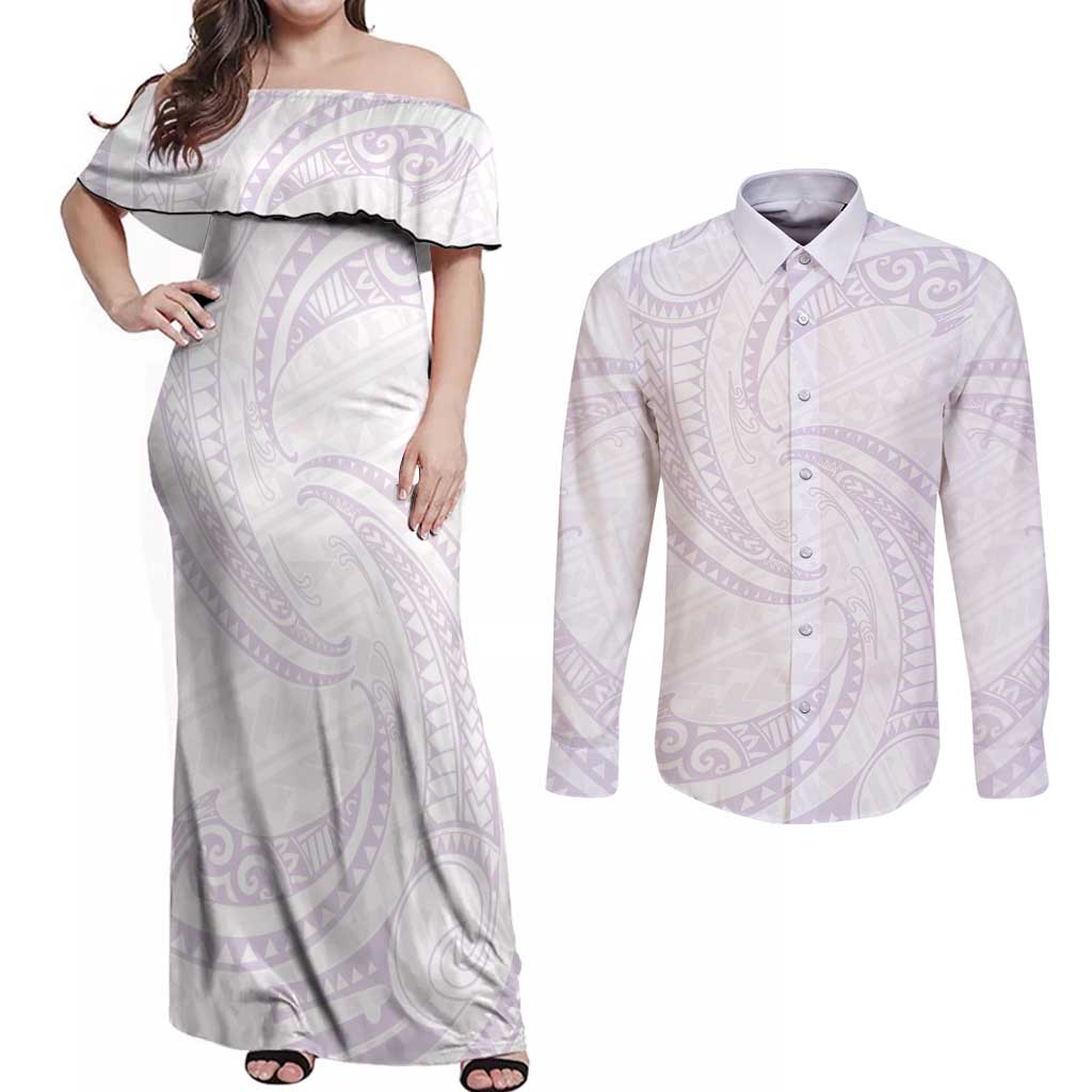 White Sunday Lotu Tamaiti Couples Matching Off Shoulder Maxi Dress and Long Sleeve Button Shirt Polynesian Wave Pastel Mauve - Polynesian Pride