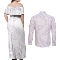 White Sunday Lotu Tamaiti Couples Matching Off Shoulder Maxi Dress and Long Sleeve Button Shirt Polynesian Wave Pastel Mauve - Polynesian Pride