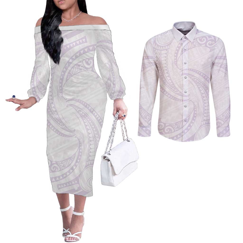 White Sunday Lotu Tamaiti Couples Matching Off The Shoulder Long Sleeve Dress and Long Sleeve Button Shirt Polynesian Wave Pastel Mauve - Polynesian Pride