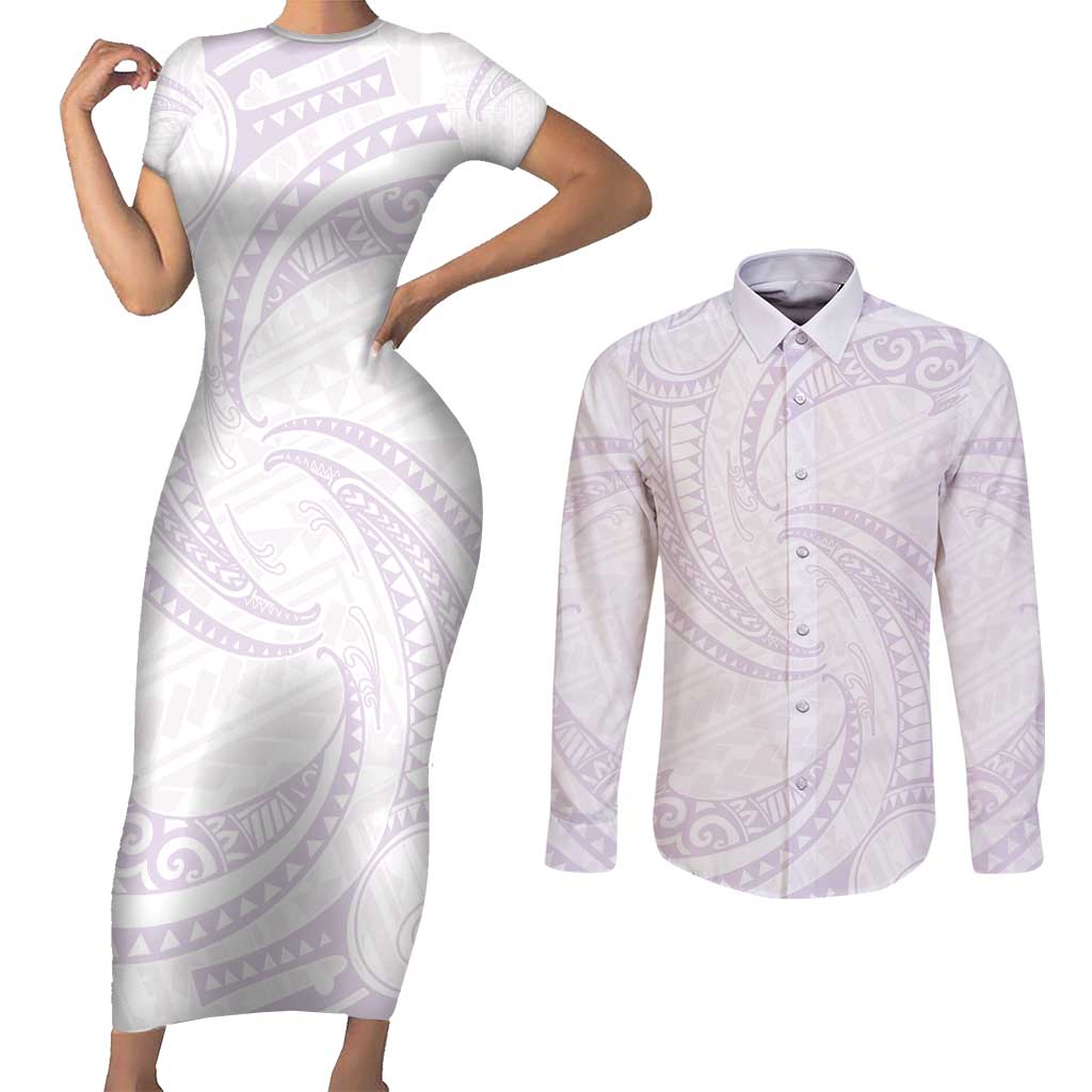 White Sunday Lotu Tamaiti Couples Matching Short Sleeve Bodycon Dress and Long Sleeve Button Shirt Polynesian Wave Pastel Mauve - Polynesian Pride