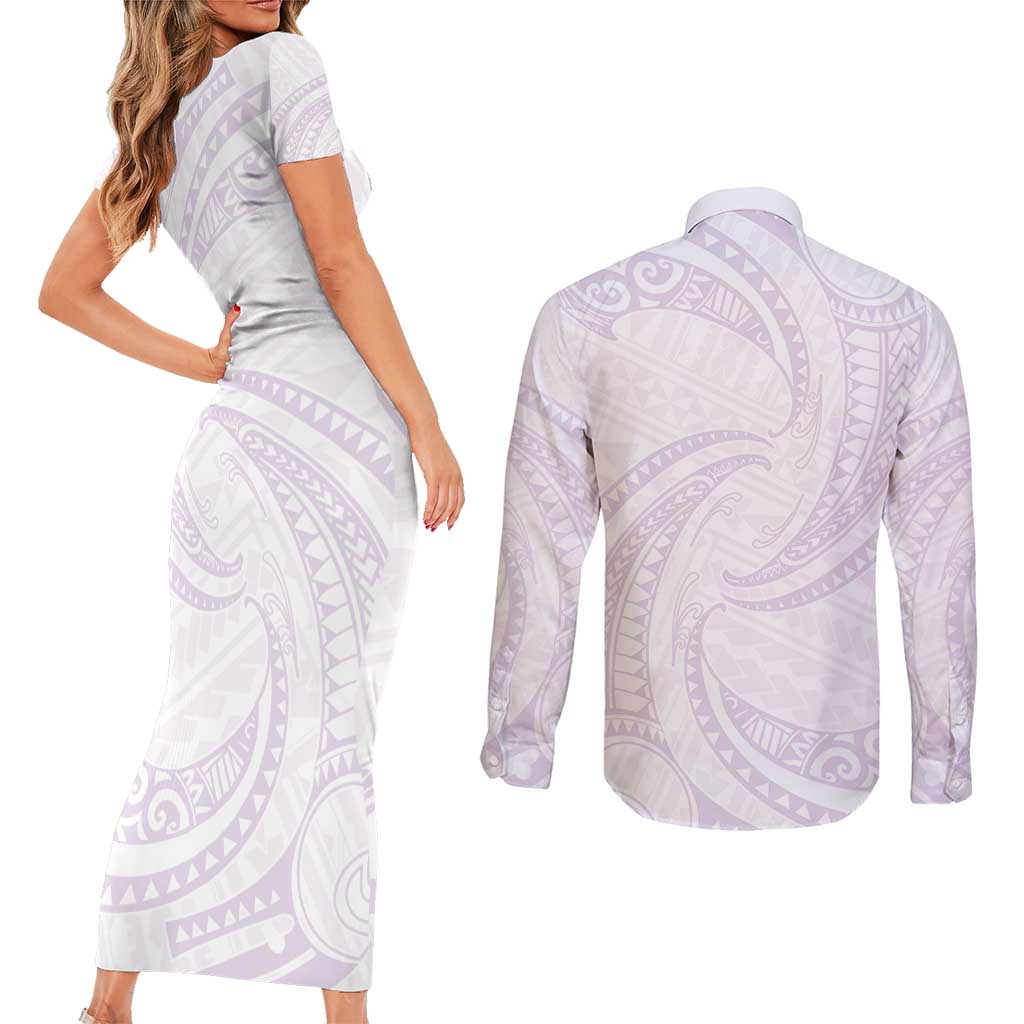 White Sunday Lotu Tamaiti Couples Matching Short Sleeve Bodycon Dress and Long Sleeve Button Shirt Polynesian Wave Pastel Mauve - Polynesian Pride