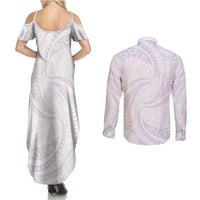 White Sunday Lotu Tamaiti Couples Matching Summer Maxi Dress and Long Sleeve Button Shirt Polynesian Wave Pastel Mauve - Polynesian Pride