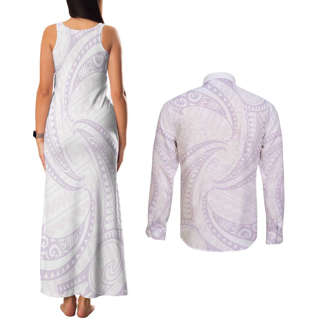 White Sunday Lotu Tamaiti Couples Matching Tank Maxi Dress and Long Sleeve Button Shirt Polynesian Wave Pastel Mauve - Polynesian Pride