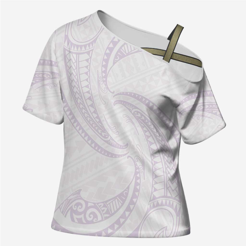 White Sunday Lotu Tamaiti Cross Shoulder Shirt Polynesian Wave Pastel Mauve - Polynesian Pride