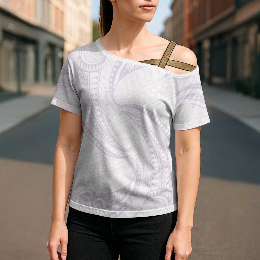 White Sunday Lotu Tamaiti Cross Shoulder Shirt Polynesian Wave Pastel Mauve - Polynesian Pride