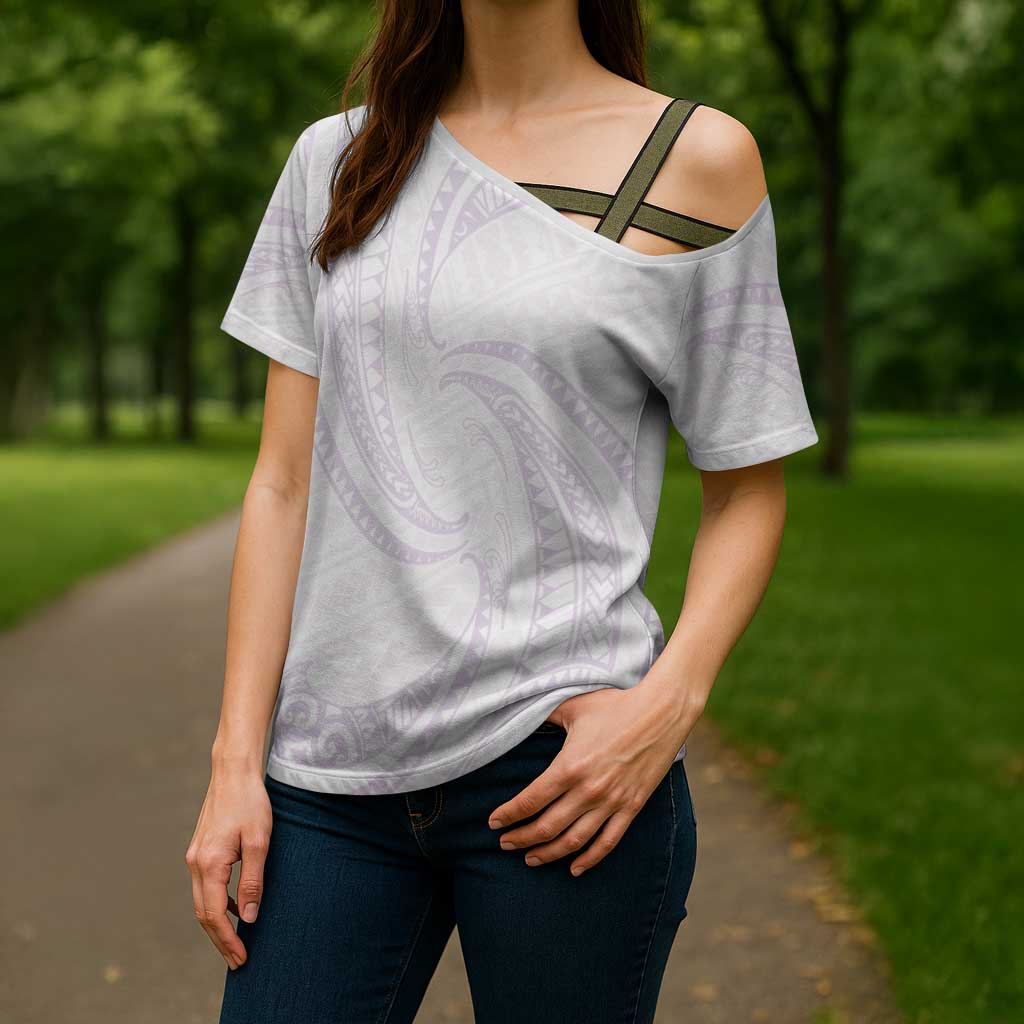 White Sunday Lotu Tamaiti Cross Shoulder Shirt Polynesian Wave Pastel Mauve - Polynesian Pride