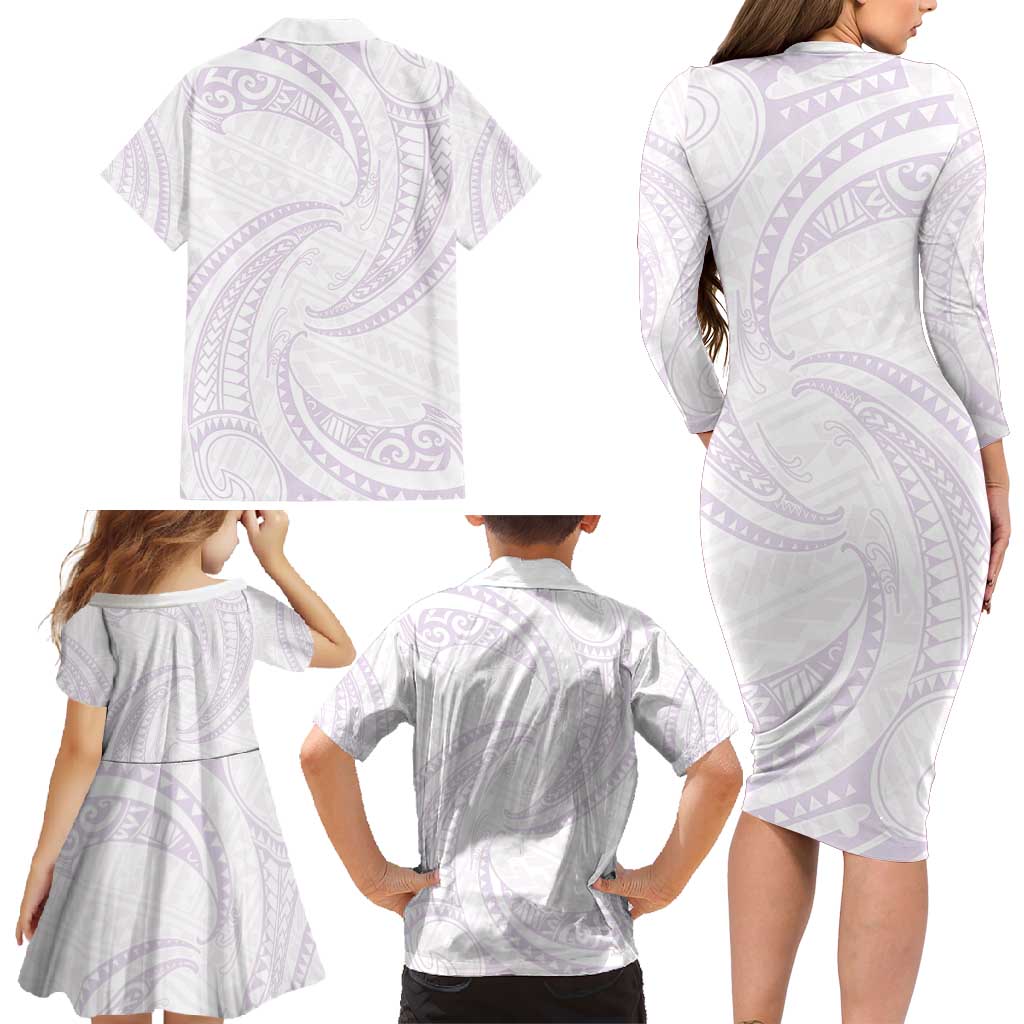 White Sunday Lotu Tamaiti Family Matching Long Sleeve Bodycon Dress and Hawaiian Shirt Polynesian Wave Pastel Mauve - Polynesian Pride