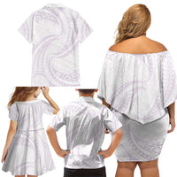 White Sunday Lotu Tamaiti Family Matching Off Shoulder Short Dress and Hawaiian Shirt Polynesian Wave Pastel Mauve - Polynesian Pride