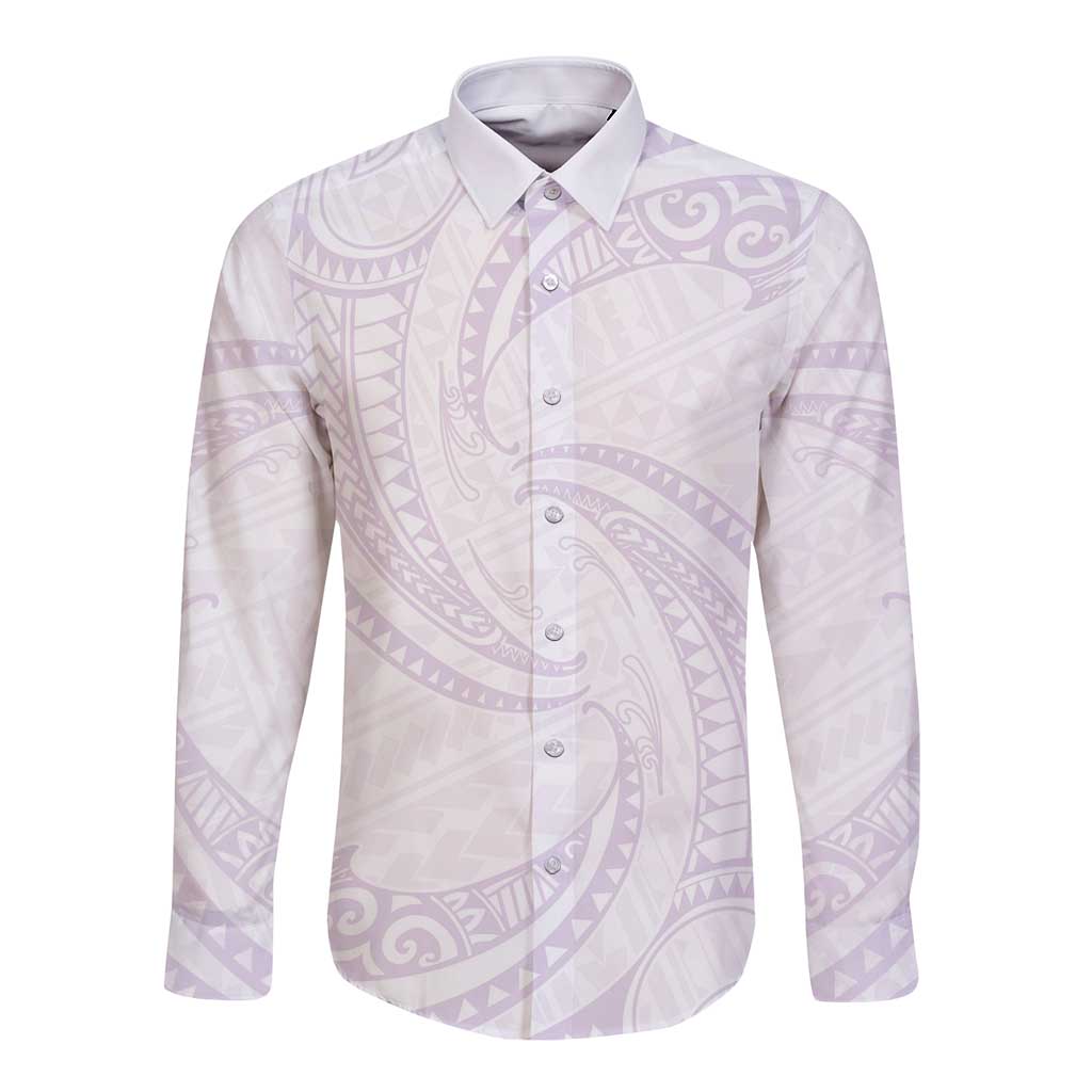 White Sunday Lotu Tamaiti Long Sleeve Button Shirt Polynesian Wave Pastel Mauve - Polynesian Pride
