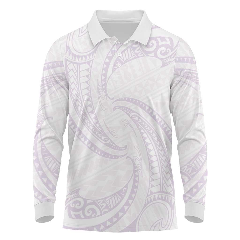 White Sunday Lotu Tamaiti Long Sleeve Polo Shirt Polynesian Wave Pastel Mauve - Polynesian Pride