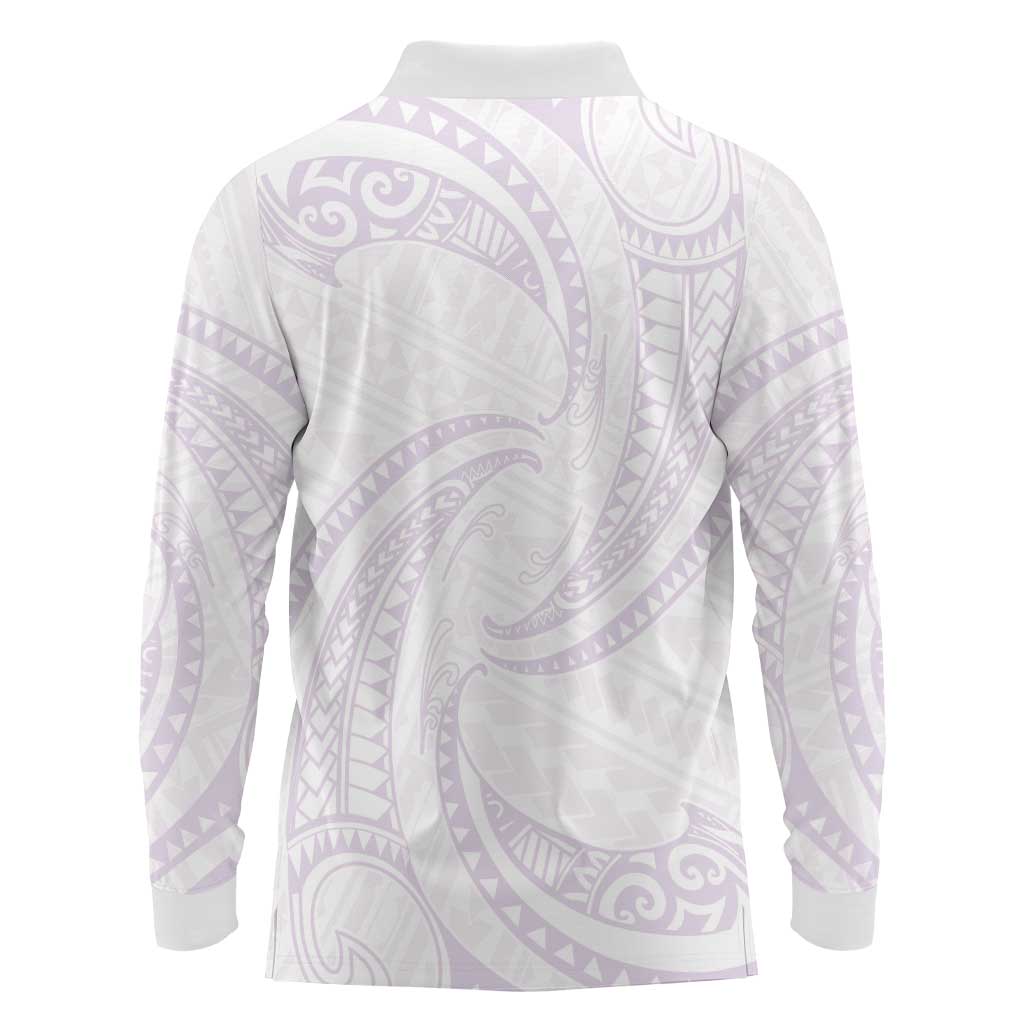 White Sunday Lotu Tamaiti Long Sleeve Polo Shirt Polynesian Wave Pastel Mauve - Polynesian Pride