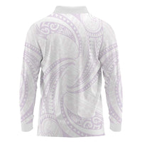 White Sunday Lotu Tamaiti Long Sleeve Polo Shirt Polynesian Wave Pastel Mauve - Polynesian Pride