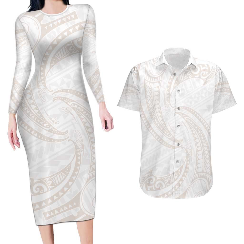 White Sunday Lotu Tamaiti Couples Matching Long Sleeve Bodycon Dress and Hawaiian Shirt Polynesian Wave Pastel Nude - Polynesian Pride