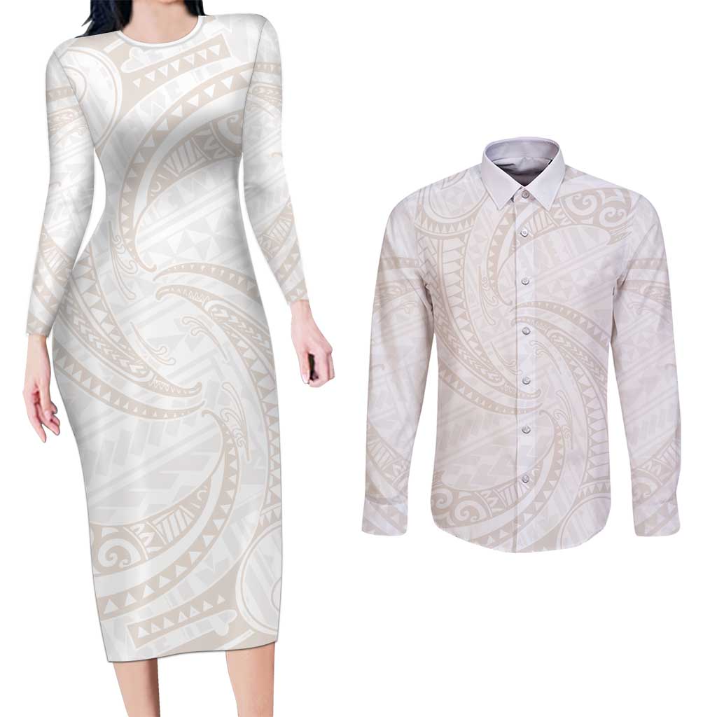 White Sunday Lotu Tamaiti Couples Matching Long Sleeve Bodycon Dress and Long Sleeve Button Shirt Polynesian Wave Pastel Nude - Polynesian Pride