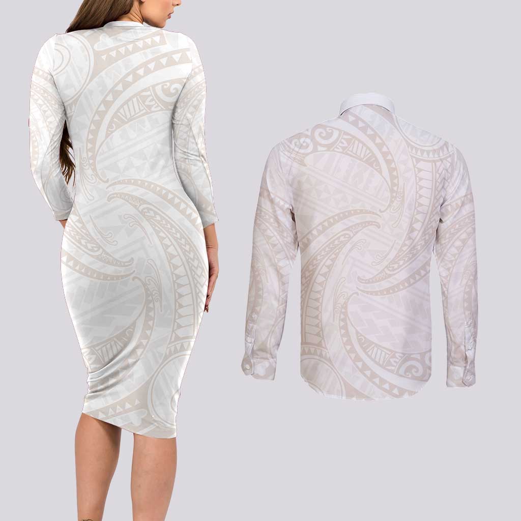 White Sunday Lotu Tamaiti Couples Matching Long Sleeve Bodycon Dress and Long Sleeve Button Shirt Polynesian Wave Pastel Nude - Polynesian Pride