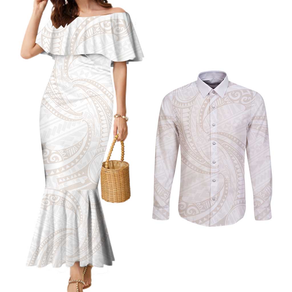 White Sunday Lotu Tamaiti Couples Matching Mermaid Dress and Long Sleeve Button Shirt Polynesian Wave Pastel Nude - Polynesian Pride