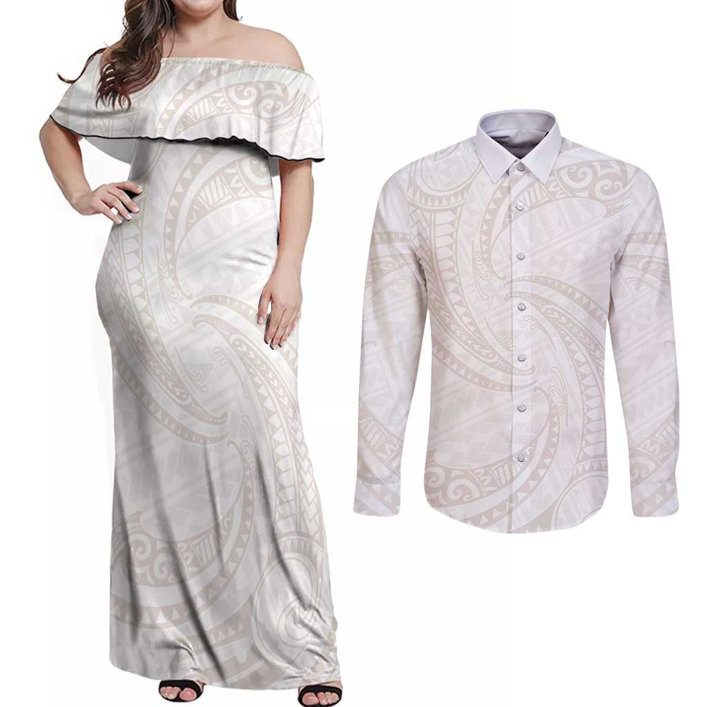 White Sunday Lotu Tamaiti Couples Matching Off Shoulder Maxi Dress and Long Sleeve Button Shirt Polynesian Wave Pastel Nude - Polynesian Pride