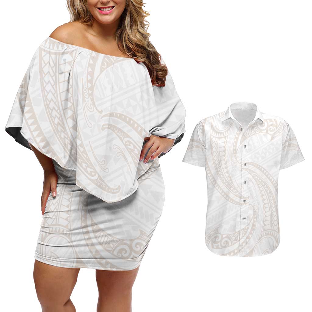 White Sunday Lotu Tamaiti Couples Matching Off Shoulder Short Dress and Hawaiian Shirt Polynesian Wave Pastel Nude - Polynesian Pride