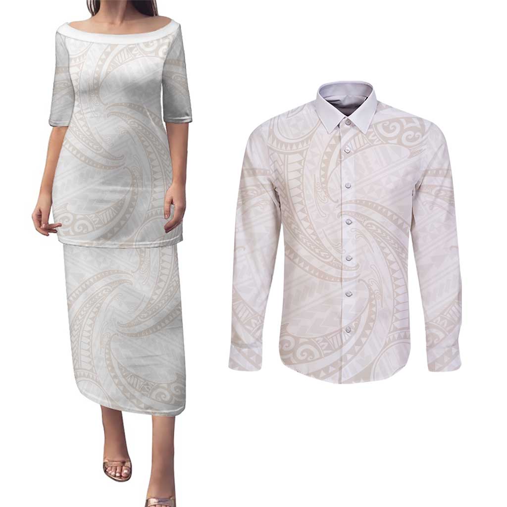 White Sunday Lotu Tamaiti Couples Matching Puletasi and Long Sleeve Button Shirt Polynesian Wave Pastel Nude - Polynesian Pride