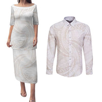 White Sunday Lotu Tamaiti Couples Matching Puletasi and Long Sleeve Button Shirt Polynesian Wave Pastel Nude - Polynesian Pride