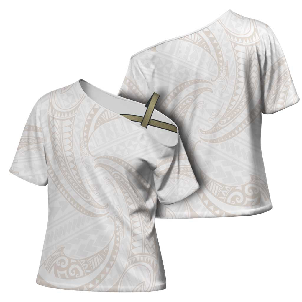 White Sunday Lotu Tamaiti Cross Shoulder Shirt Polynesian Wave Pastel Nude - Polynesian Pride