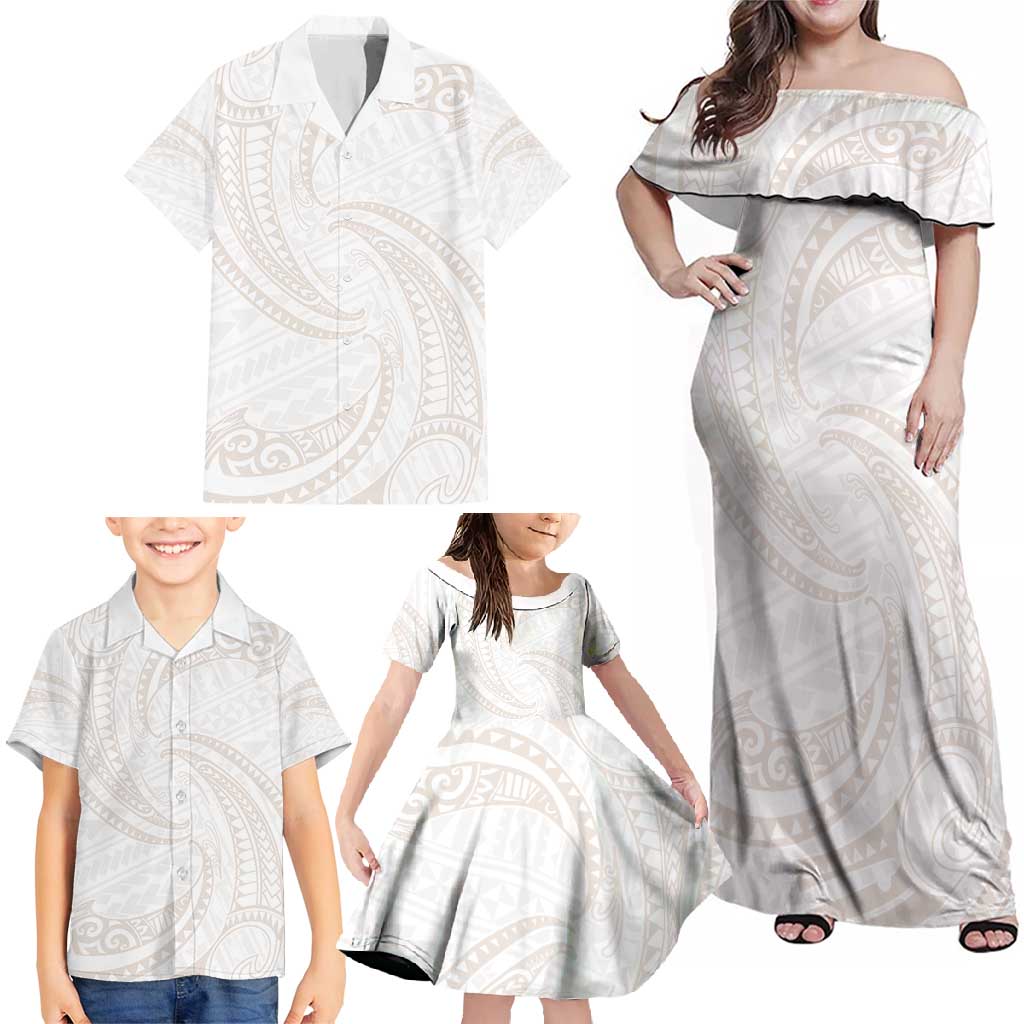 White Sunday Lotu Tamaiti Family Matching Off Shoulder Maxi Dress and Hawaiian Shirt Polynesian Wave Pastel Nude - Polynesian Pride