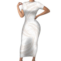 White Sunday Lotu Tamaiti Family Matching Short Sleeve Bodycon Dress and Hawaiian Shirt Polynesian Wave Pastel Nude - Polynesian Pride