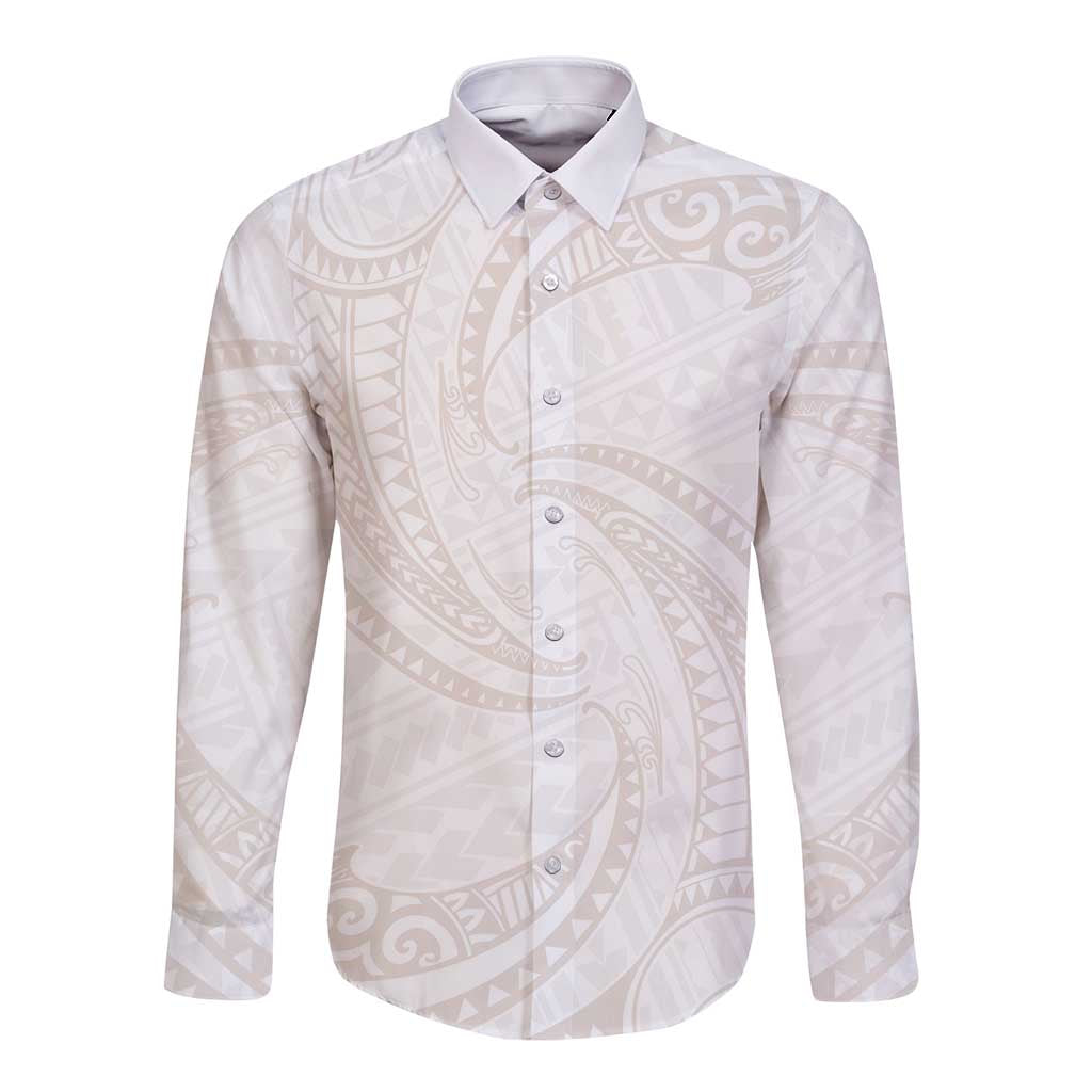 White Sunday Lotu Tamaiti Long Sleeve Button Shirt Polynesian Wave Pastel Nude - Polynesian Pride