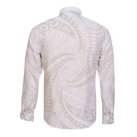 White Sunday Lotu Tamaiti Long Sleeve Button Shirt Polynesian Wave Pastel Nude - Polynesian Pride